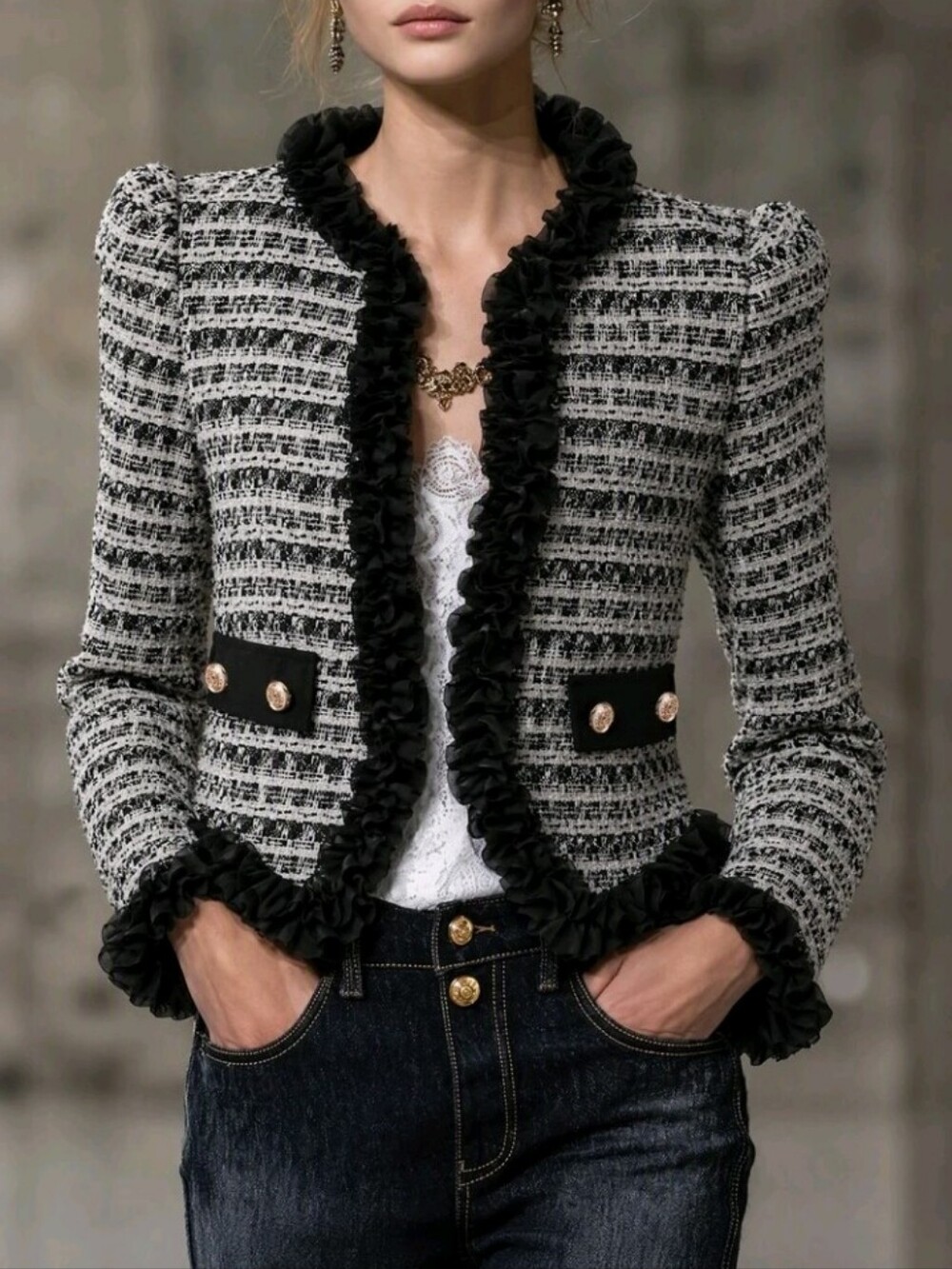 Women's Long Sleeve Patchwork Black Chiffon Lace Jacket